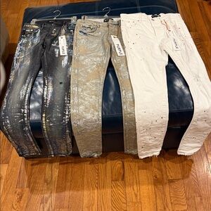 3 Pair Men’s Purple Brand Jeans - Black pair n White and a splatter paint color.